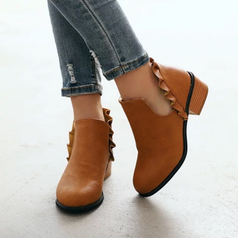 Brown leather ruffle cutout chunky heel booties - Picture 2 of 3